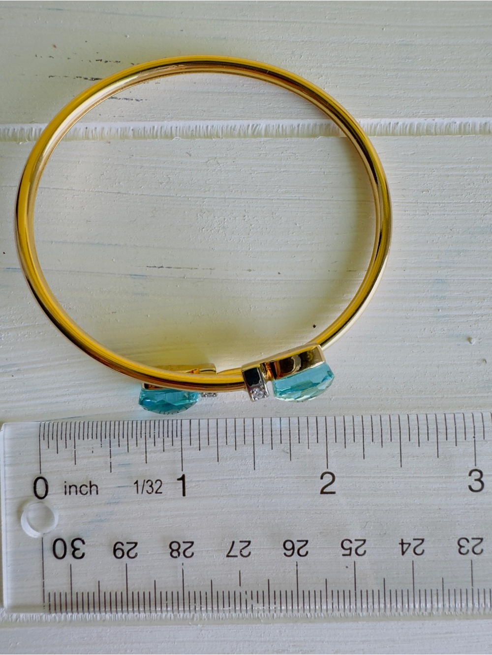 Gold Bypass Bracelet with Aqua Green Gem Accents - Picture 5 of 5